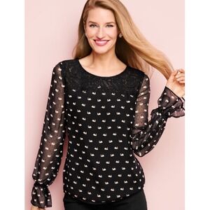 RSVP Talbots‎ Womens Swan Print Blouse XL Black Lace Sheer Dark Romantic Novelty